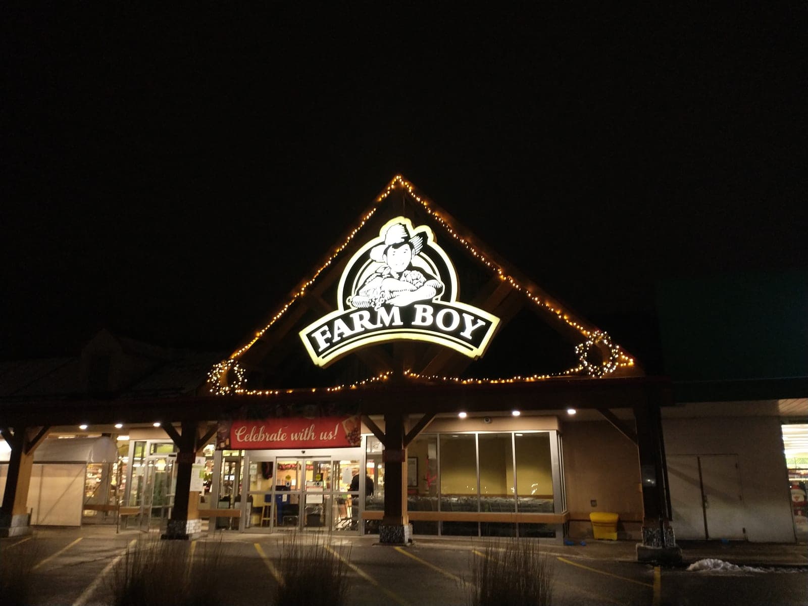 Commercial-grade C9 LED lights installed along the roofline of a retail plaza storefront at dusk